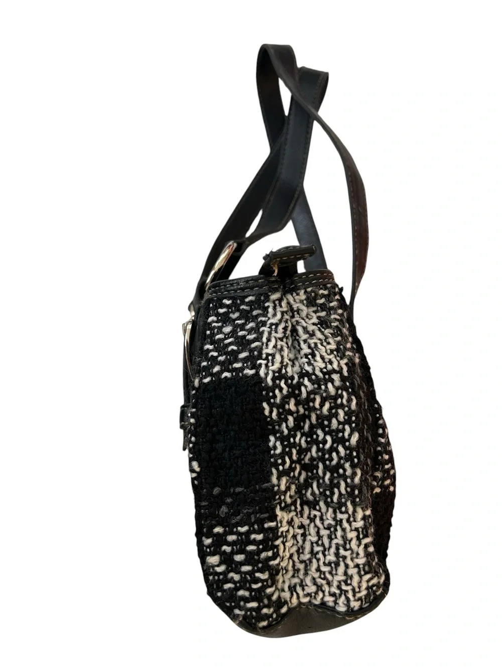 Quiet Luxury - Black & White Plaid - Tweed Texture - Bag with Silver Hardware
